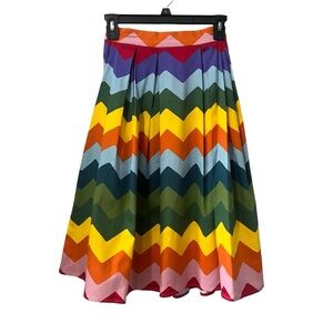 Collectif Malibu Rainbow Chevron Swing  Zigzag Knee Len Skirt Size XXS 2 1950s
